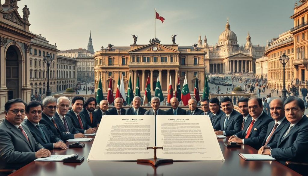 A detailed group portrait of the diplomats and officials from the Hague Convention signatory countries, set against a backdrop of ornate architecture and bustling city streets. The foreground features a table with a large, official-looking document, surrounded by serious-faced representatives in formal attire. The middle ground shows the imposing exterior of a grand government building, with flags of the participating nations fluttering in the breeze. In the background, a bustling cityscape with historic landmarks and pedestrians going about their business. The lighting is warm and subdued, conveying a sense of gravity and importance. Pakistan Legal Services.