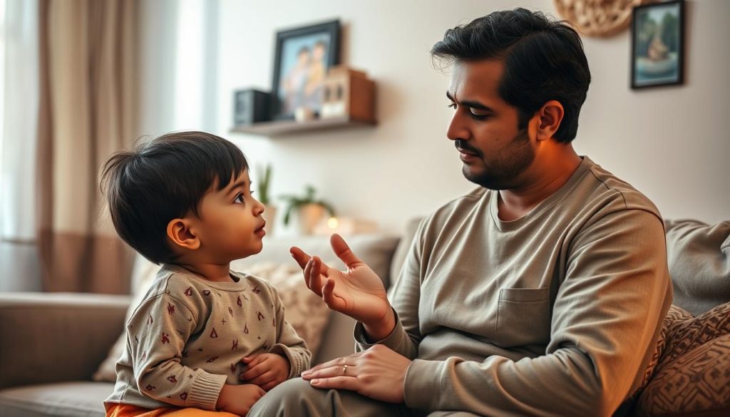 A warm, softly-lit scene of a caring parent guiding their child, set against a serene domestic backdrop. The parent, in a relaxed but attentive pose, gestures gently as they explain responsibilities - providing a nurturing home, ensuring the child's wellbeing, and upholding legal obligations. The child listens intently, their face radiating trust. Subtle details like family photographs and cozy furnishings create an atmosphere of security and stability. The composition emphasizes the parent-child bond, conveying the essence of custodial care in a Pakistani context. A warm, softly-lit scene of a caring parent guiding their child, set against a serene domestic backdrop. The parent, in a relaxed but attentive pose, gestures gently as they explain responsibilities - providing a nurturing home, ensuring the child's wellbeing, and upholding legal obligations. The child listens intently, their face radiating trust. Subtle details like family photographs and cozy furnishings create an atmosphere of security and stability. The composition emphasizes the parent-child bond, conveying the essence of custodial care in a Pakistani context.