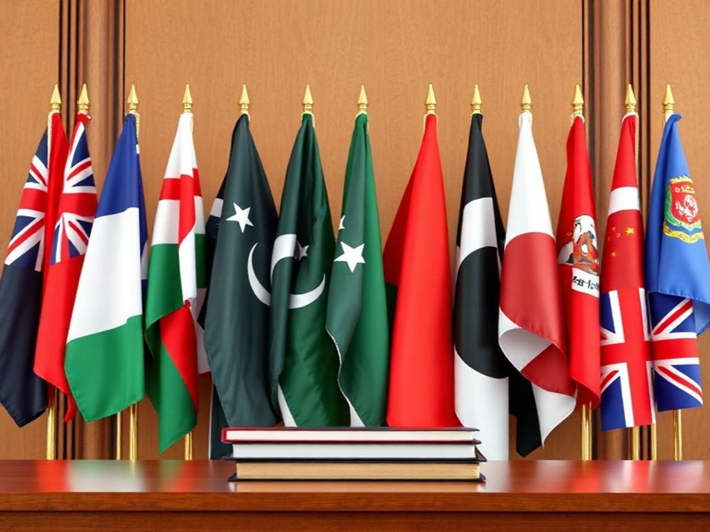 Representation of legal services for foreigners in Pakistan, featuring international flags and legal documents.