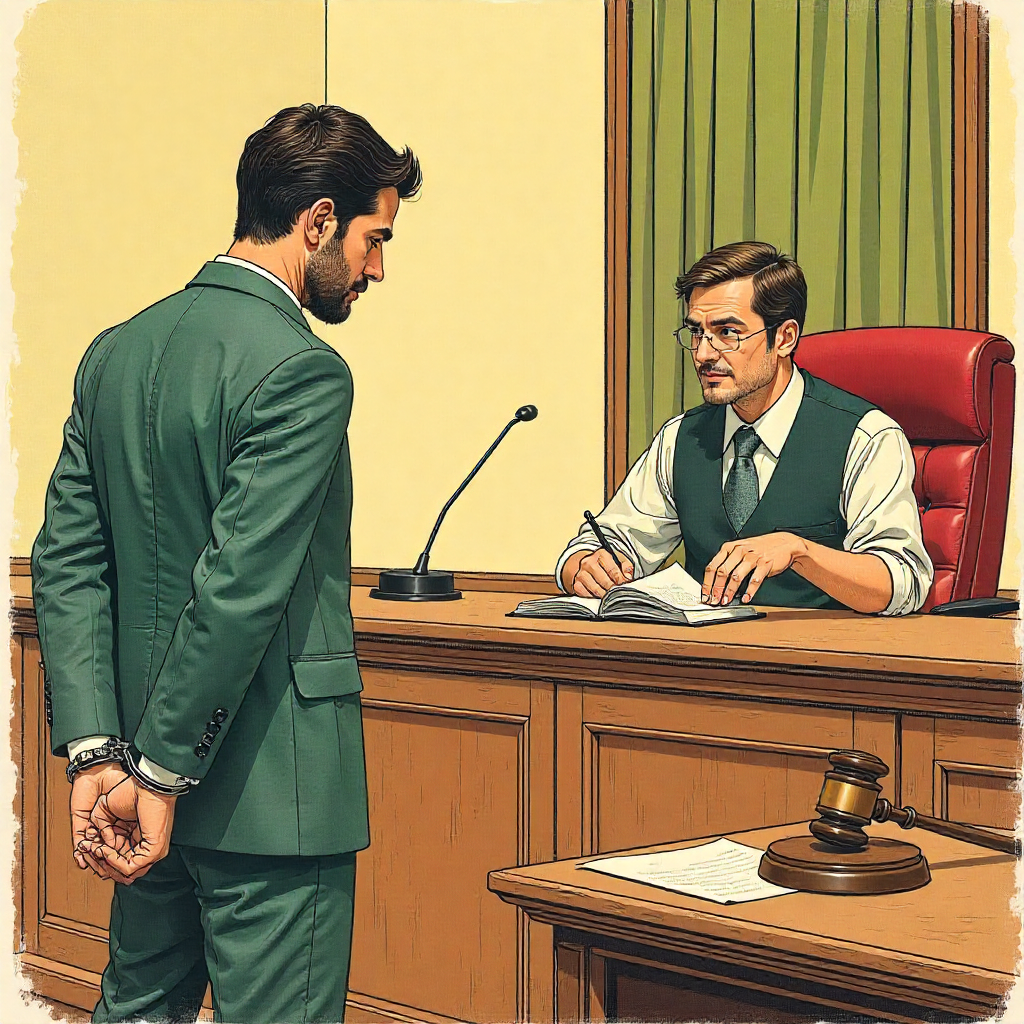 Pakistani-origin accused in handcuffs standing in a courtroom, symbolizing the post arrest bail procedure in Pakistan.